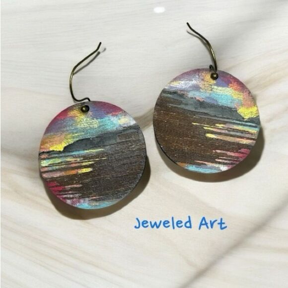 JEWELED ART Northern Lights Dangle Hand-Painted Wood Earrings - Picture 1 of 3